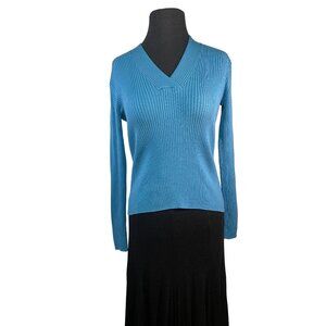 August Silk Size Small VNeck Ribbed Knit Sweater Blue Lightweight Long Sleeve